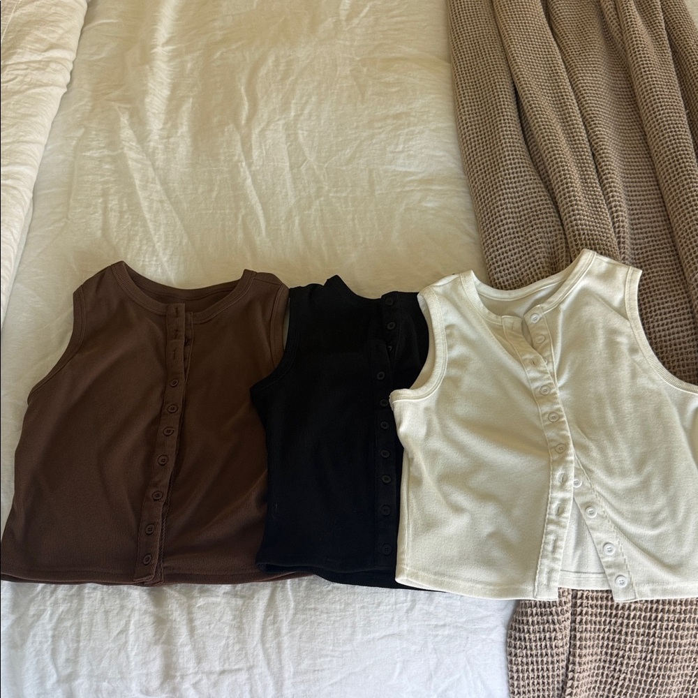 Button-Front crop Tops- Brown, Black, white 3 pack